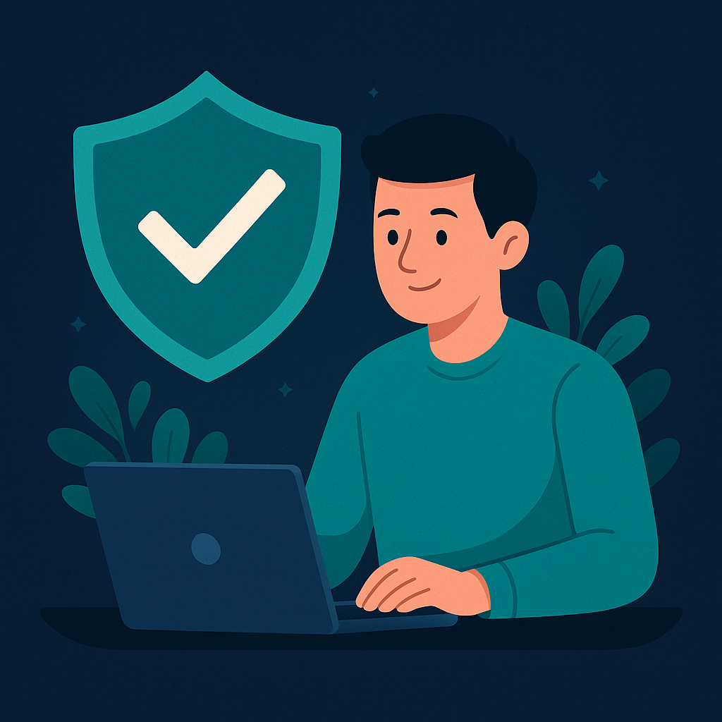Friendly technician explaining online security next to a shield icon
